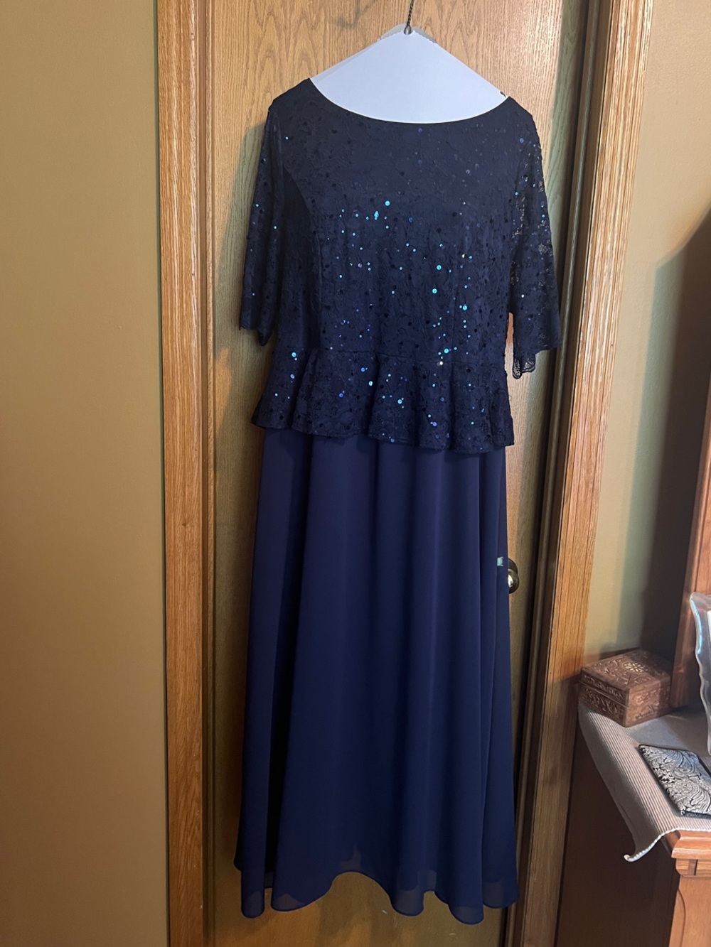 Navy Sequined Peplum Evening Dress - Women's